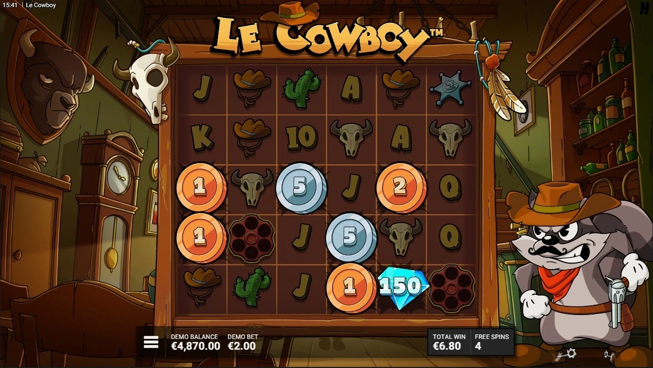 Le Cowboy slot gameplay showing 6×5 cluster pays grid with Revolver Reveal active
